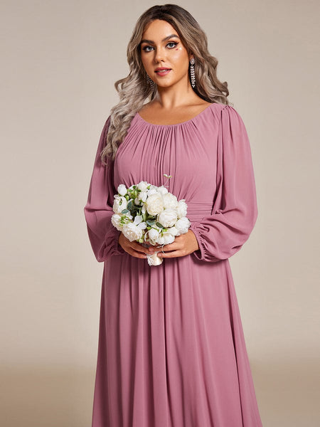 Women's Navy Empire Waist Chiffon Gown with Sheer Puff Sleeves