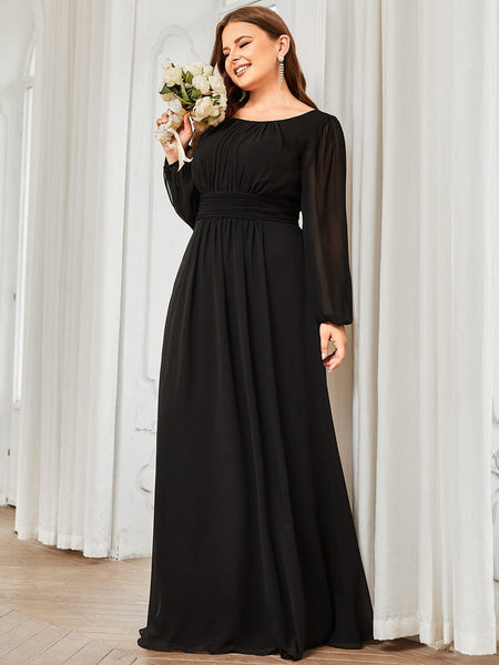 Women's Navy Empire Waist Chiffon Gown with Sheer Puff Sleeves