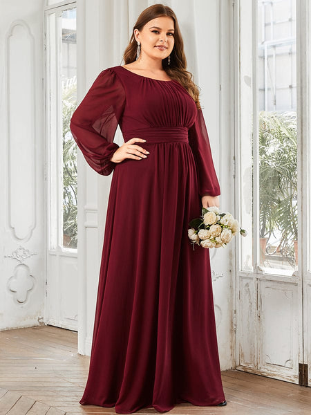 Women's Navy Empire Waist Chiffon Gown with Sheer Puff Sleeves