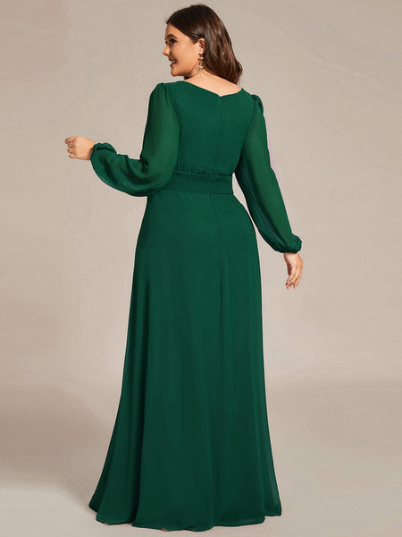 Women's Navy Empire Waist Chiffon Gown with Sheer Puff Sleeves