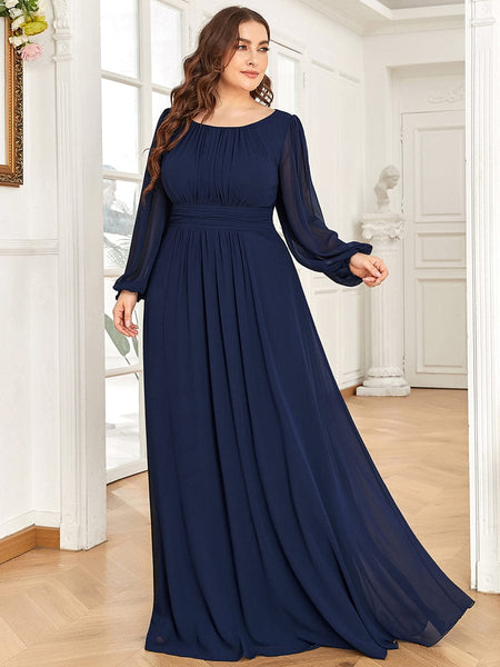 Women's Navy Empire Waist Chiffon Gown with Sheer Puff Sleeves
