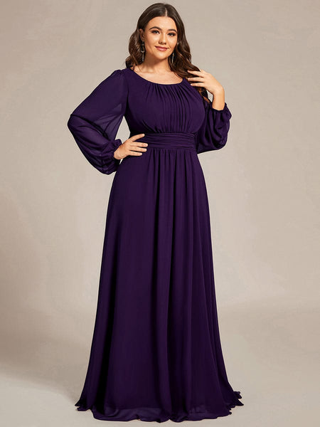 Women's Navy Empire Waist Chiffon Gown with Sheer Puff Sleeves