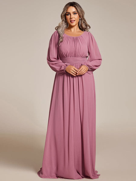 Women's Navy Empire Waist Chiffon Gown with Sheer Puff Sleeves