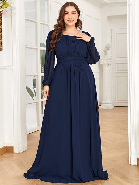 Women's Navy Empire Waist Chiffon Gown with Sheer Puff Sleeves