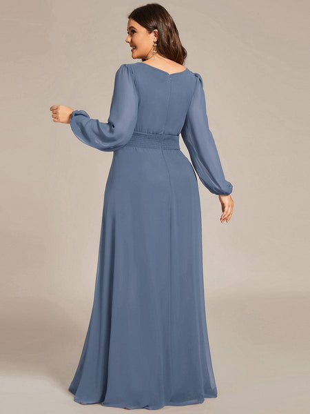 Women's Navy Empire Waist Chiffon Gown with Sheer Puff Sleeves