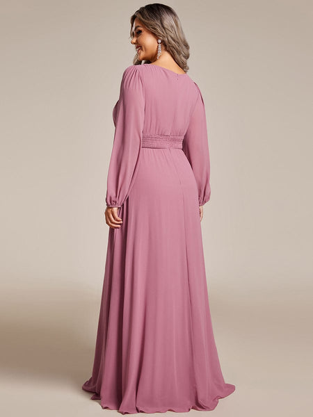 Women's Navy Empire Waist Chiffon Gown with Sheer Puff Sleeves
