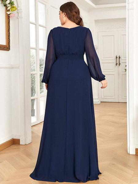 Women's Navy Empire Waist Chiffon Gown with Sheer Puff Sleeves