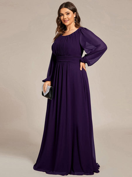 Women's Navy Empire Waist Chiffon Gown with Sheer Puff Sleeves