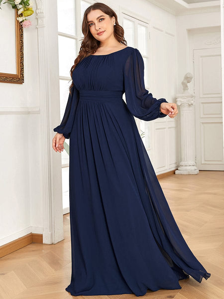 Women's Navy Empire Waist Chiffon Gown with Sheer Puff Sleeves