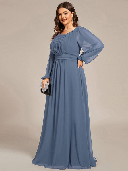 Women's Navy Empire Waist Chiffon Gown with Sheer Puff Sleeves