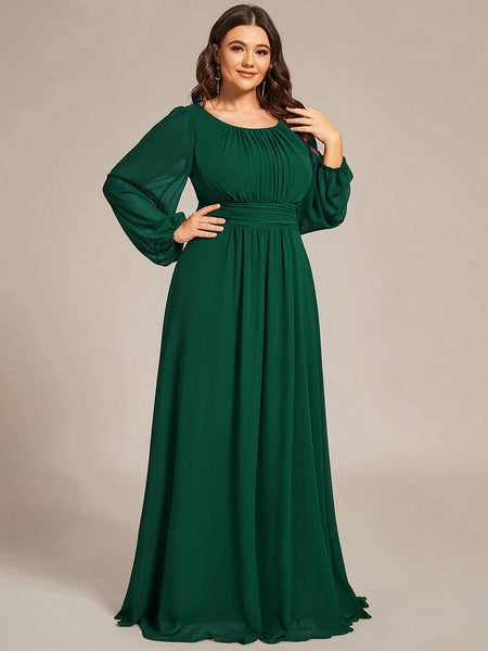 Women's Navy Empire Waist Chiffon Gown with Sheer Puff Sleeves
