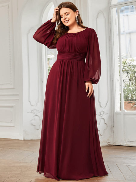 Women's Navy Empire Waist Chiffon Gown with Sheer Puff Sleeves