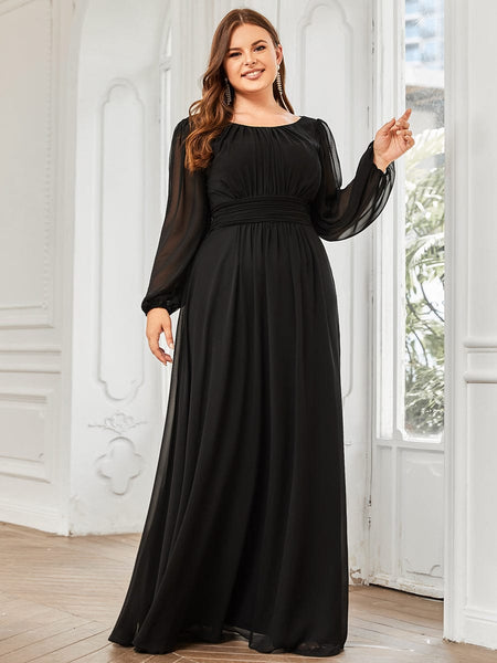 Women's Navy Empire Waist Chiffon Gown with Sheer Puff Sleeves
