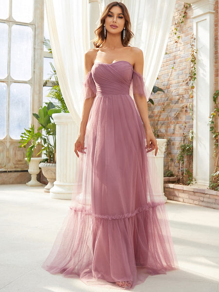 Elegant Floor-Length Strapless Ruffles A-Line Evening Gown