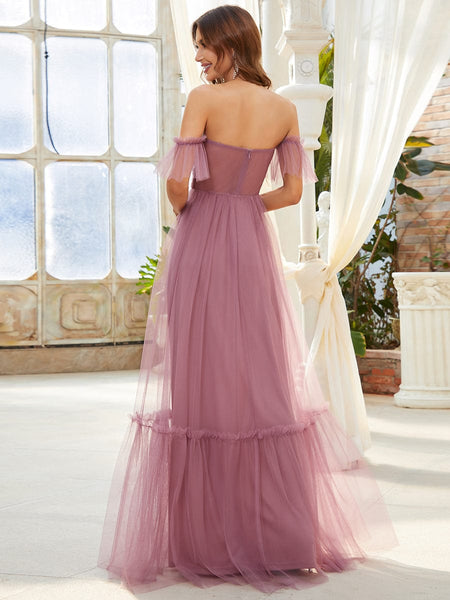 Elegant Floor-Length Strapless Ruffles A-Line Evening Gown