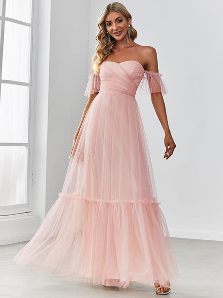 Elegant Floor-Length Strapless Ruffles A-Line Evening Gown