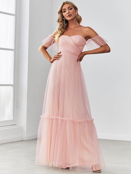 Elegant Floor-Length Strapless Ruffles A-Line Evening Gown