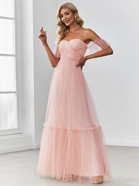 Elegant Floor-Length Strapless Ruffles A-Line Evening Gown
