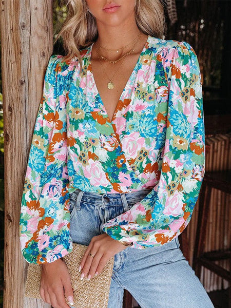 Elegant Floral Print Deep V-Neck Jumpsuit With Long Sleeves And Plant Flower Print
