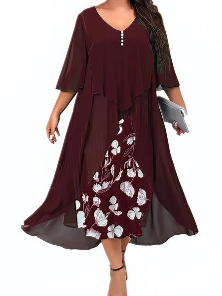 Women's Layered Chiffon Midi Dress with Panel Design