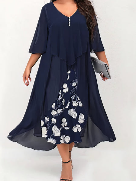 Women's Layered Chiffon Midi Dress with Panel Design