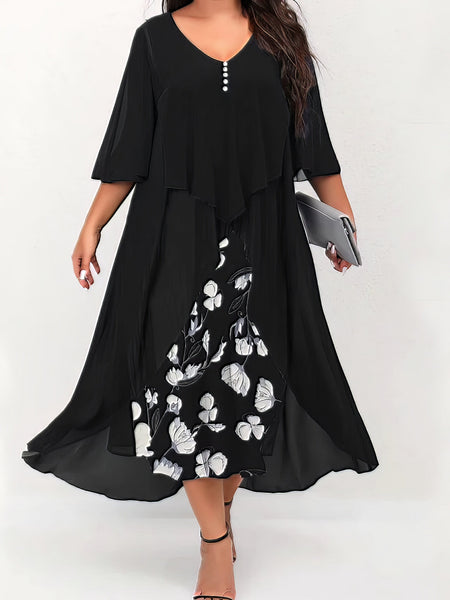 Elegant Floral V-Neck Midi Dress for Women with Curves