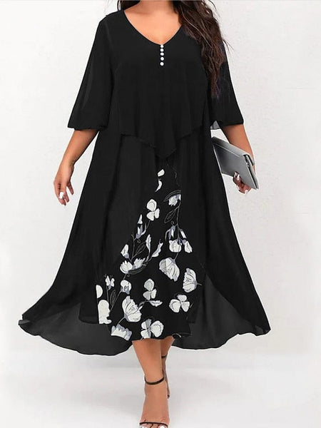 Dark Blue Midi Dress with White Flowers