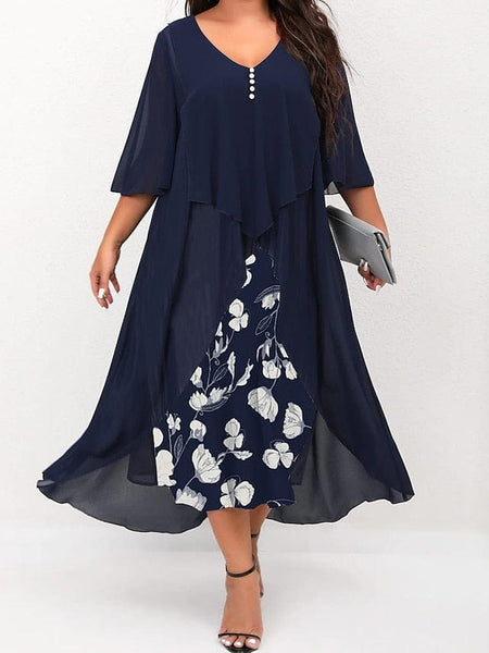 Dark Blue Midi Dress with White Flowers