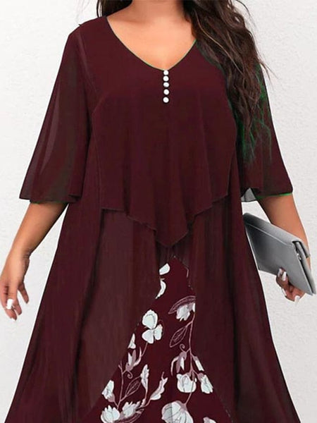 Women's Layered Chiffon Midi Dress with Panel Design