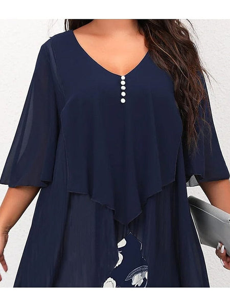 Women's Layered Chiffon Midi Dress with Panel Design