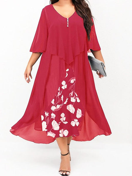 Elegant Floral V-Neck Midi Dress for Women with Curves