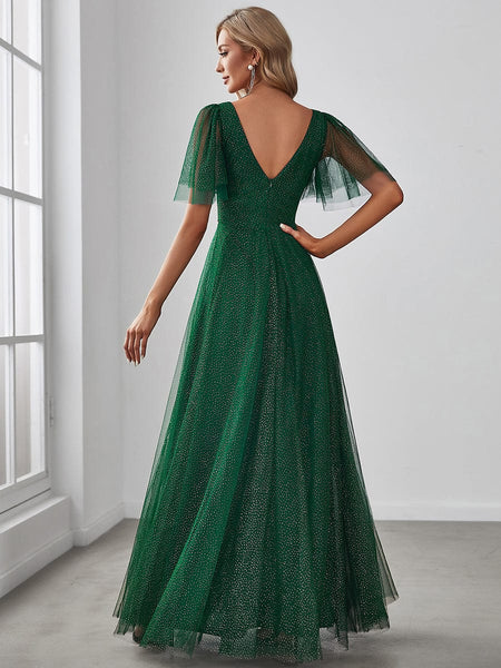 Elegant Golden Stamped Ruffle Sleeve Evening Gown