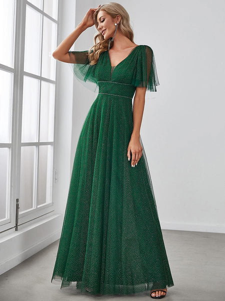 Elegant Golden Stamped Ruffle Sleeve Evening Gown
