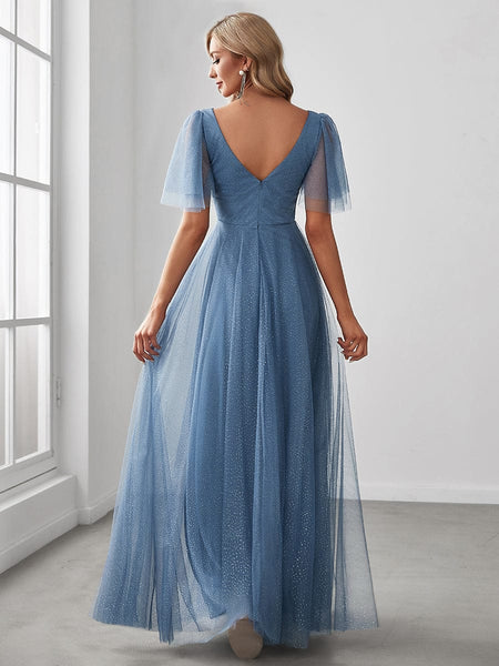 Elegant Golden Stamped Ruffle Sleeve Evening Gown