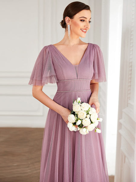 Elegant Golden Stamped Ruffle Sleeve Evening Gown