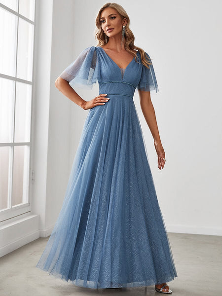 Elegant Golden Stamped Ruffle Sleeve Evening Gown