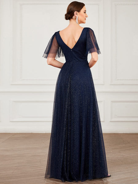 Elegant Golden Stamped Ruffle Sleeve Evening Gown
