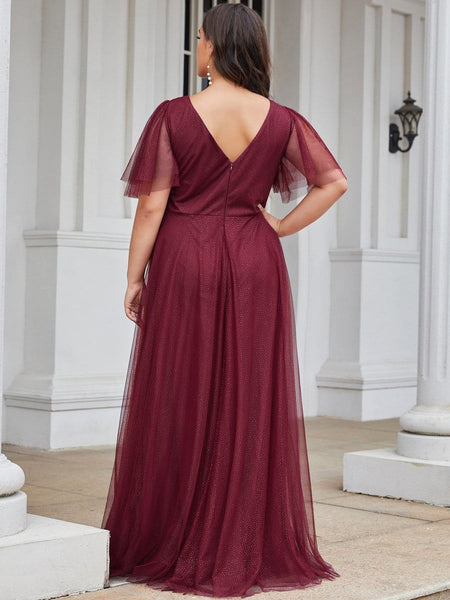 Elegant Golden Stamped Ruffle Sleeve Evening Gown