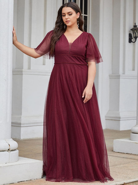Elegant Golden Stamped Ruffle Sleeve Evening Gown