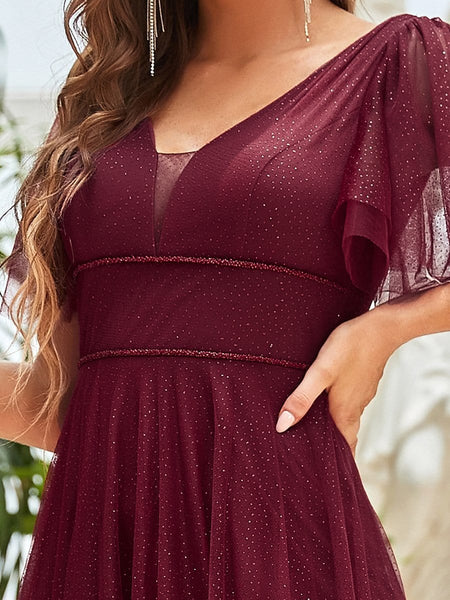 Elegant Golden Stamped Ruffle Sleeve Evening Gown