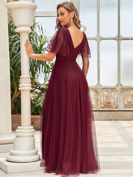 Elegant Golden Stamped Ruffle Sleeve Evening Gown