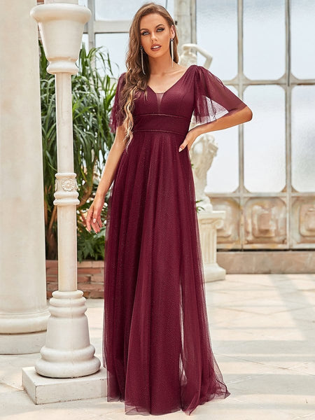 Elegant Golden Stamped Ruffle Sleeve Evening Gown