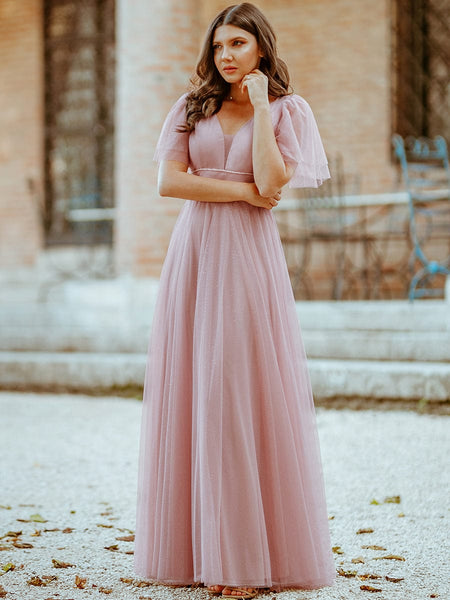 Elegant Golden Stamped Ruffle Sleeve Evening Gown