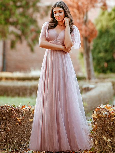 Elegant Golden Stamped Ruffle Sleeve Evening Gown