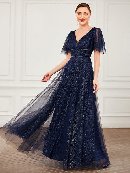 Elegant Golden Stamped Ruffle Sleeve Evening Gown