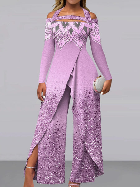 Women's Rose Gold Mandalas Gradient Off-Shoulder Formal Jumpsuit