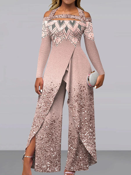 Women's Rose Gold Mandalas Gradient Off-Shoulder Formal Jumpsuit