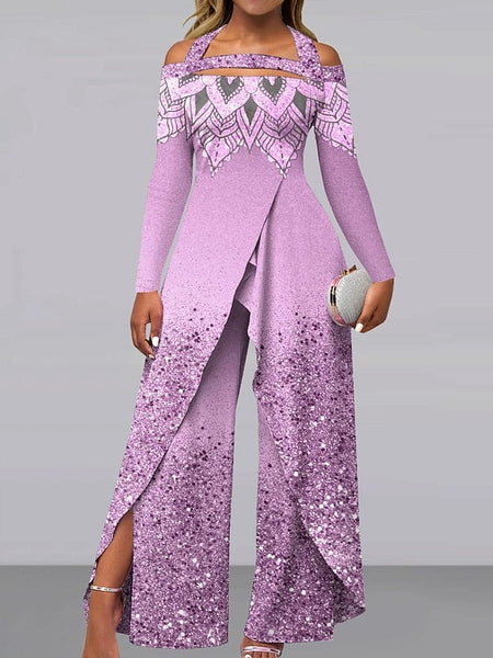 Women's Rose Gold Mandalas Gradient Off-Shoulder Formal Jumpsuit