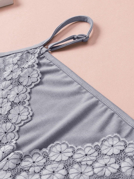 Elegant Gray Lace Trim V Neck Camisole Top