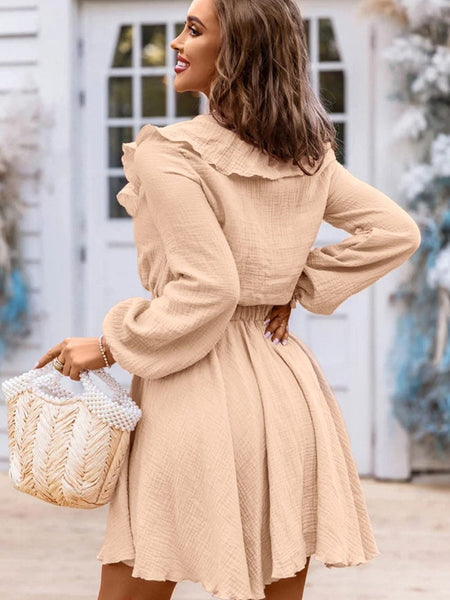Elegant Khaki Ruffled V Neck Mini Dress with High Waist